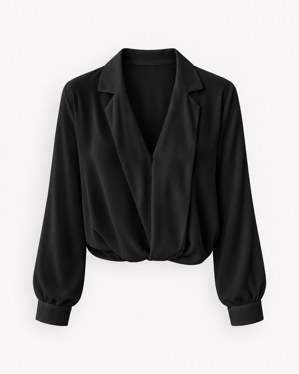 Women's Draped V-Neck Long-Sleeve Blouse in Black — front studio view with hem styled folded under