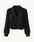 Women's Draped V-Neck Long-Sleeve Blouse in Black — front studio view with hem styled folded under
