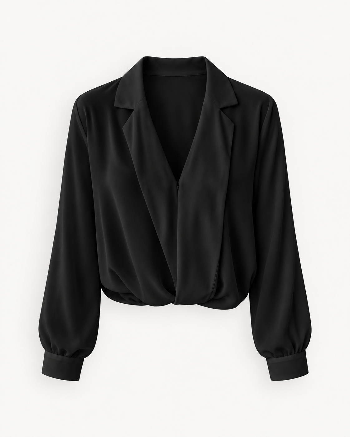 Women's Draped V-Neck Long-Sleeve Blouse in Black — front studio view with hem styled folded under