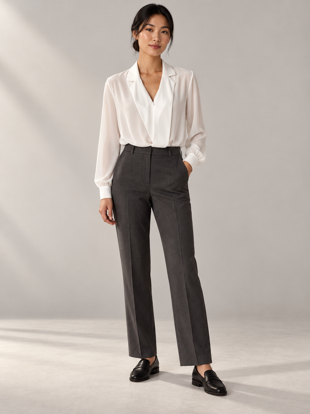 Women's Draped V-Neck Long-Sleeve Blouse — full-length studio model view