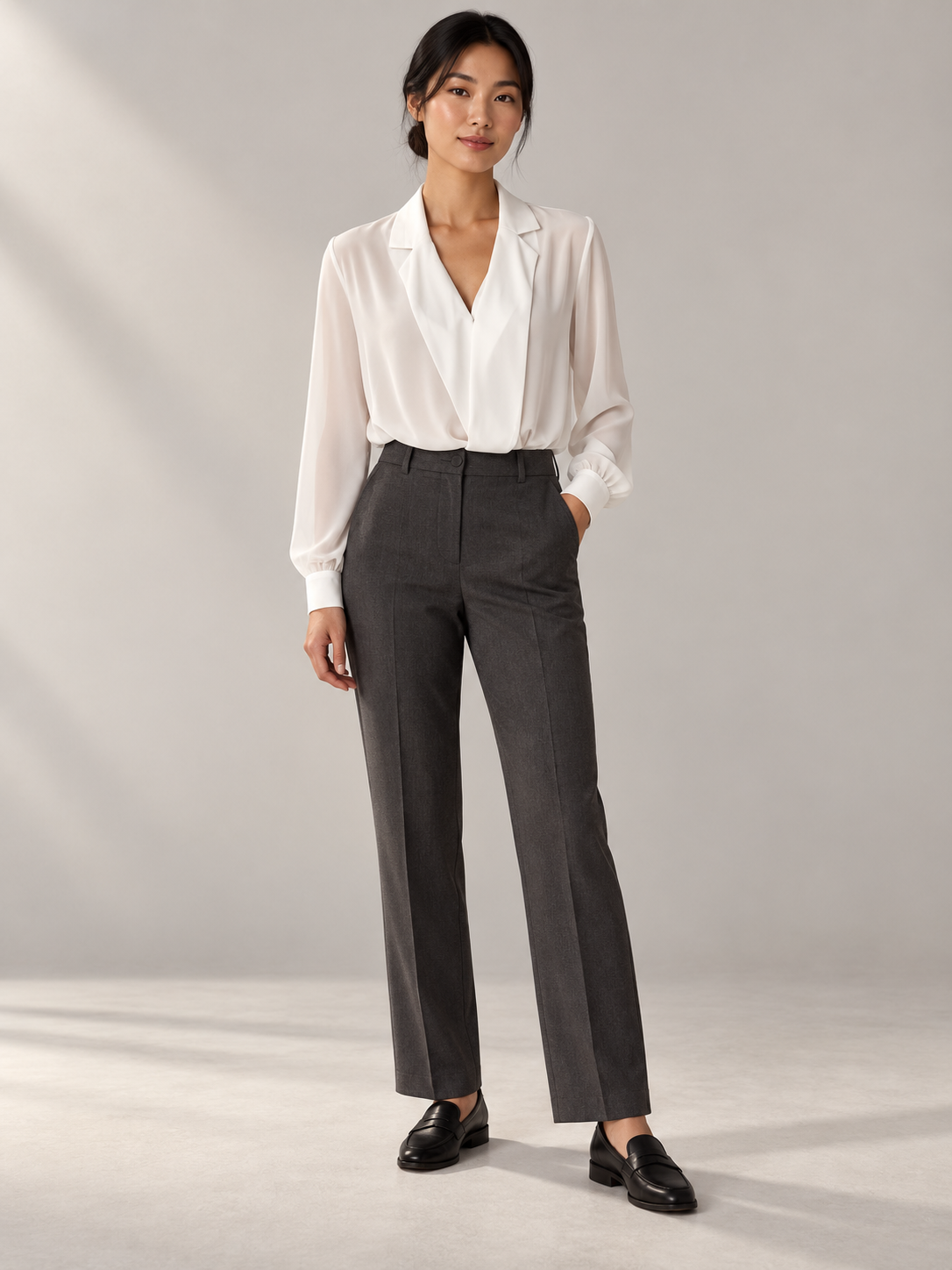 Women's Draped V-Neck Long-Sleeve Blouse — full-length studio model view