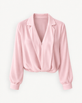 Women's Draped V-Neck Long-Sleeve Blouse in Pink — front studio view with hem styled folded under