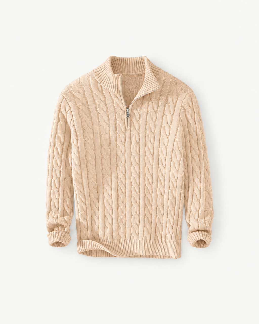 Men's Cable-Knit Quarter-Zip Sweater in Apricot — front studio view