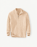 Men's Cable-Knit Quarter-Zip Sweater in Apricot — front studio view
