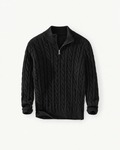 Men's Cable-Knit Quarter-Zip Sweater in Black — front studio view