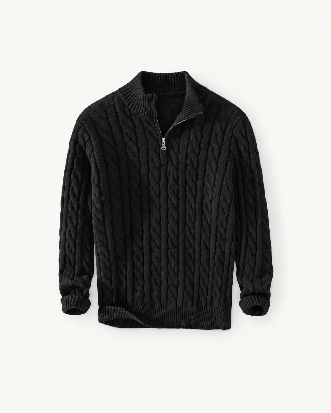 Men's Cable-Knit Quarter-Zip Sweater in Black — front studio view