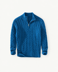 Men's Cable-Knit Quarter-Zip Sweater in Blue — front studio view