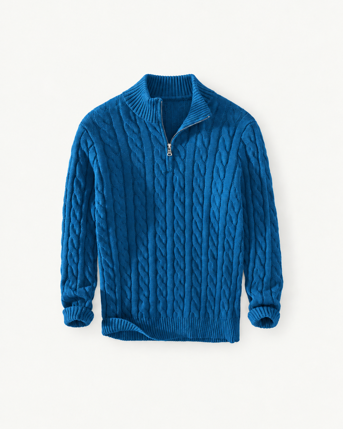 Men's Cable-Knit Quarter-Zip Sweater in Blue — front studio view