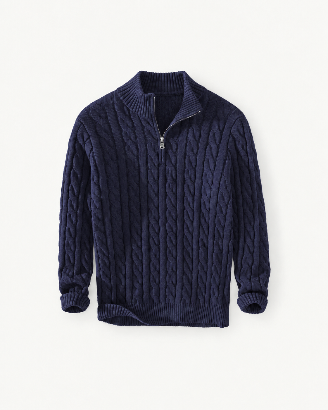 Men's Cable-Knit Quarter-Zip Sweater in Dark Blue — front studio view