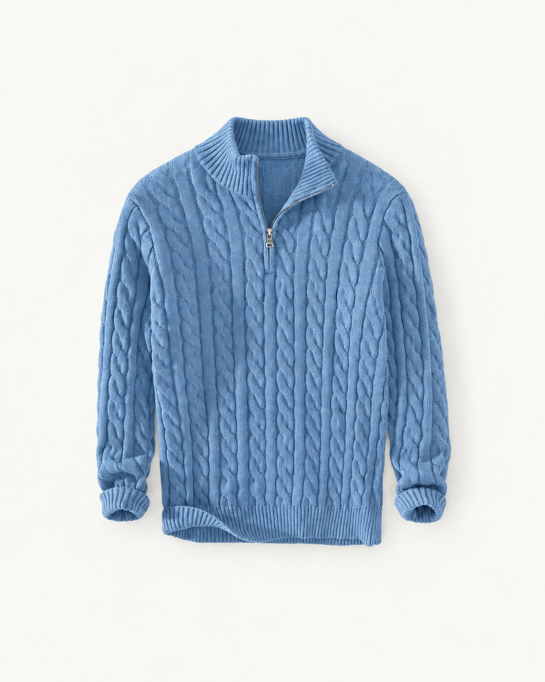Men's Cable-Knit Quarter-Zip Sweater in Denim Blue — front studio view