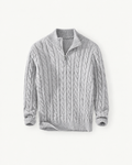 Men's Cable-Knit Quarter-Zip Sweater in Gray — front studio view