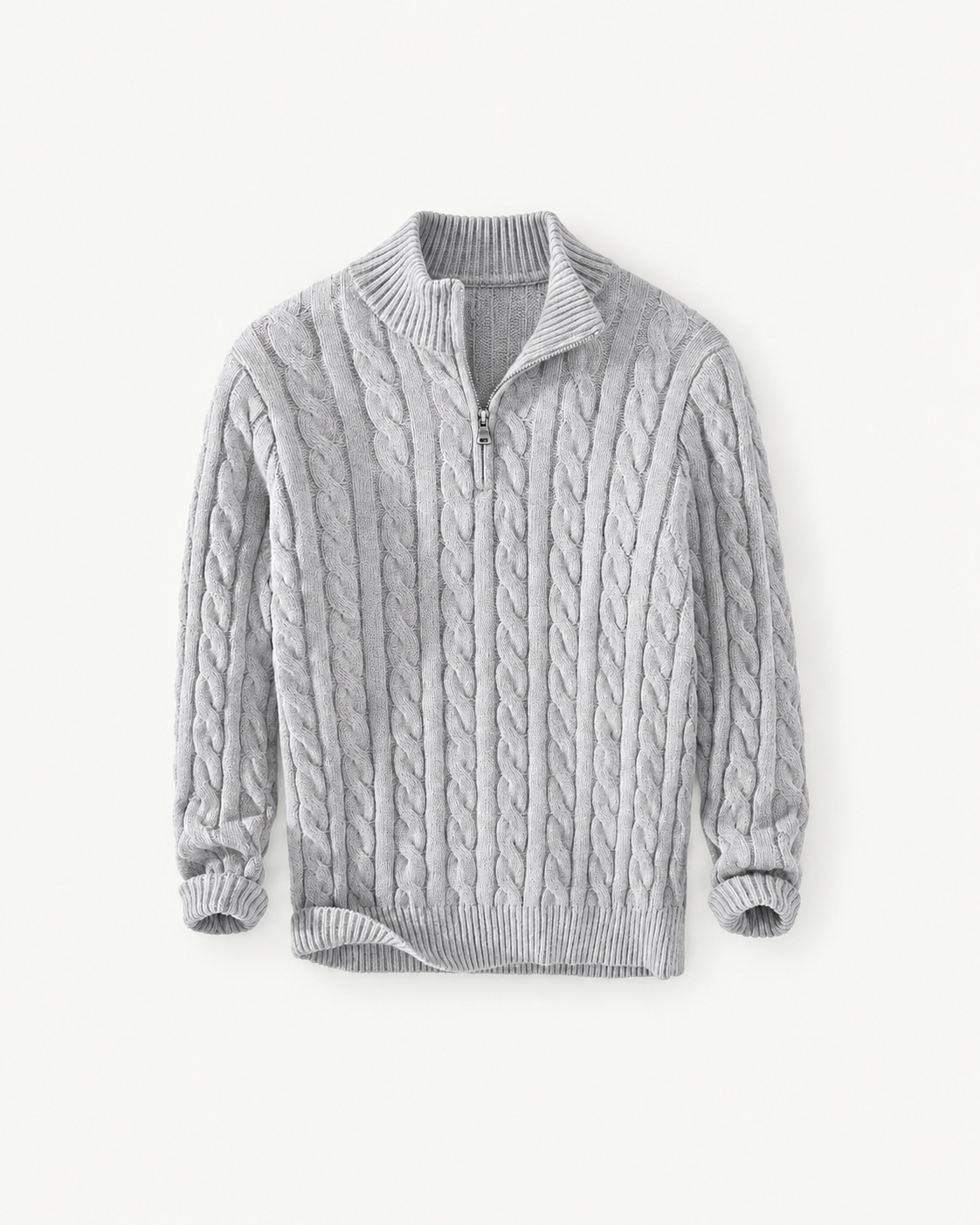 Men's Cable-Knit Quarter-Zip Sweater in Gray — front studio view