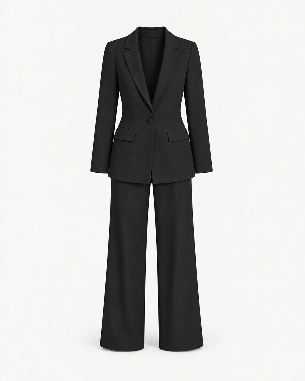 Women's Two-Piece Blazer & Straight-Leg Trouser Suit in Black — front studio view