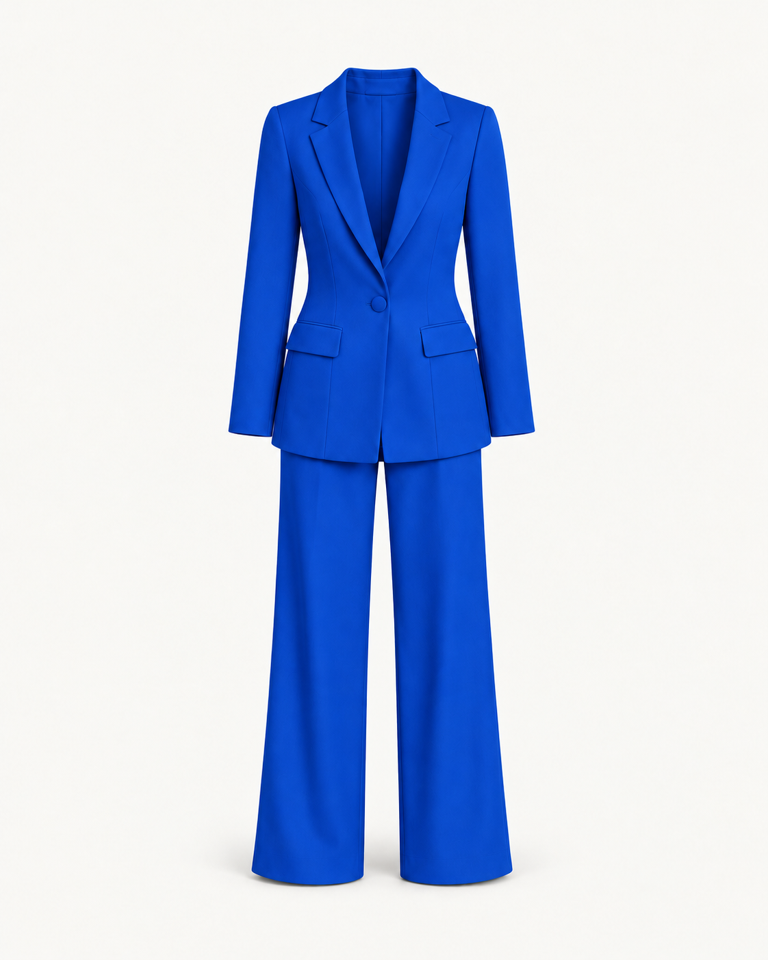 Women's Two-Piece Blazer & Straight-Leg Trouser Suit in Blue — front studio view