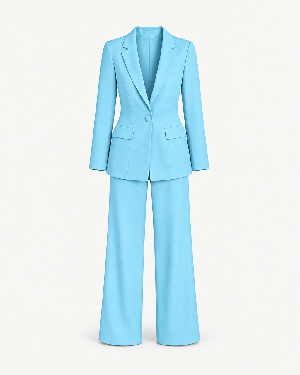 Women's Two-Piece Blazer & Straight-Leg Trouser Suit in Light Blue — front studio view