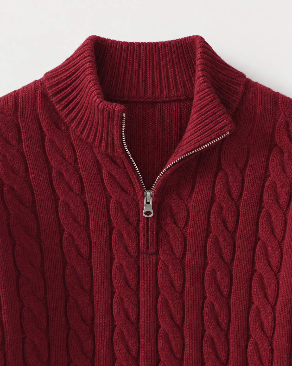 Wine-red cable-knit sweater ribbed collar and quarter-zip detail