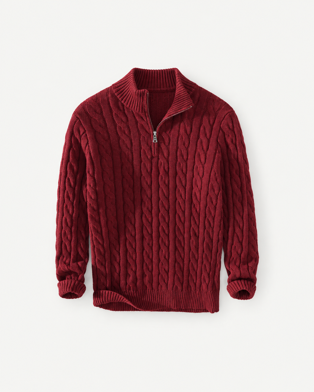 Wine-red cable-knit quarter-zip sweater, product-only front view