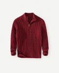 Wine-red cable-knit quarter-zip sweater, product-only front view