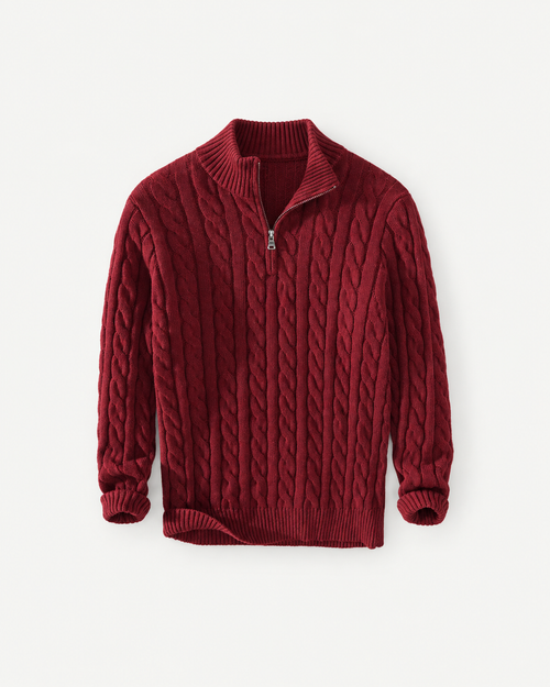 Wine-red cable-knit quarter-zip sweater, product-only front view