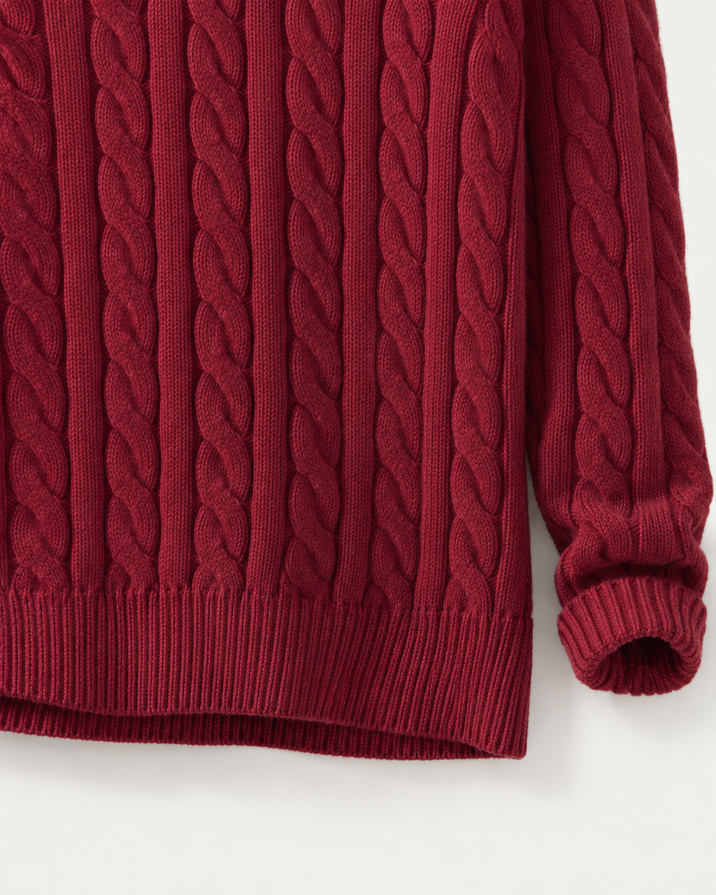 Wine-red cable knit, ribbed hem and cuff detail