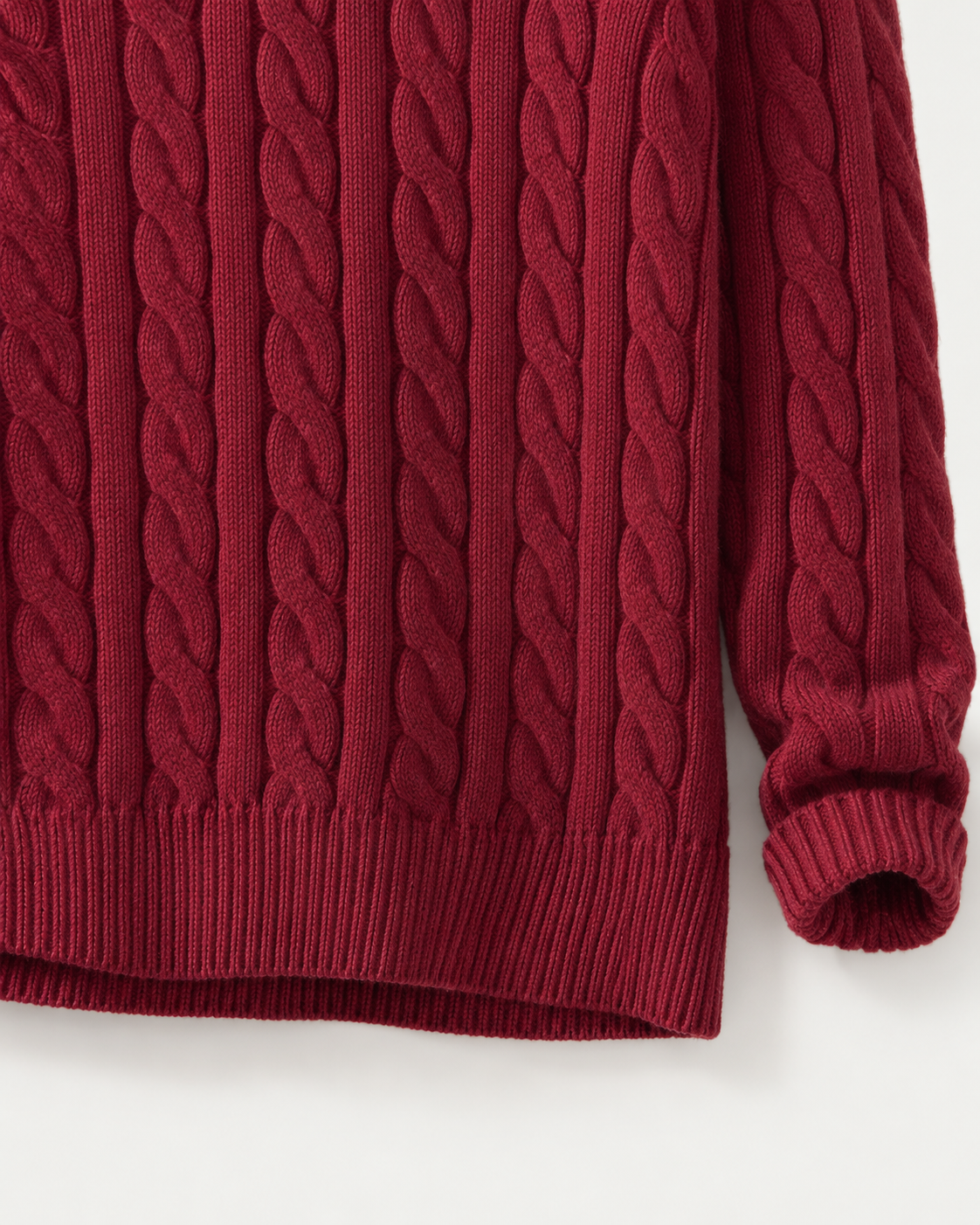 Wine-red cable knit, ribbed hem and cuff detail