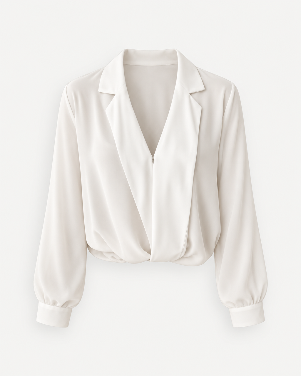 Ivory draped V-neck blouse, front studio view styled with hem folded under