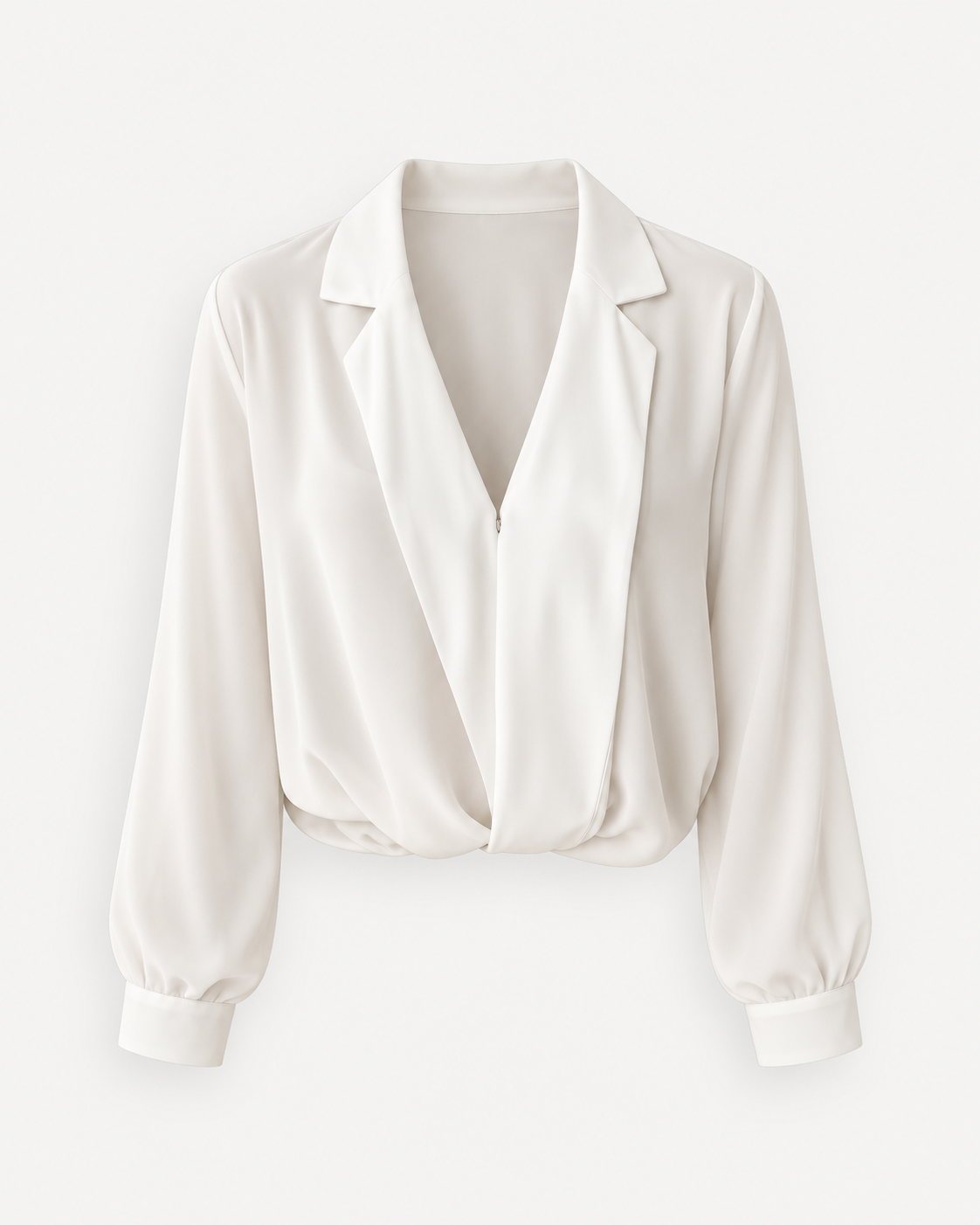 Ivory draped V-neck blouse, front studio view styled with hem folded under