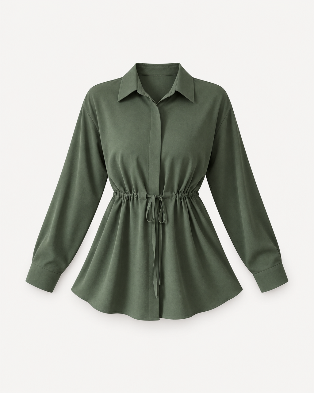 Front studio view of green drawstring-waist blouse