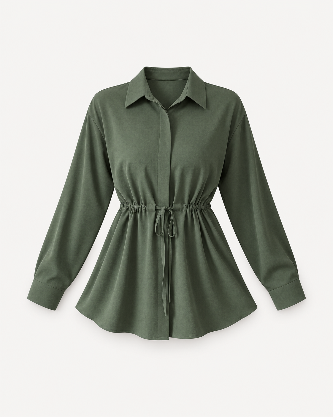 Front studio view of green drawstring-waist blouse