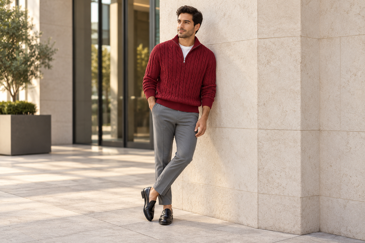 Model wearing Zoeder's wine-red cable-knit quarter-zip sweater with grey slim trousers.