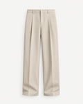 Front studio view of beige men's pleated wide-leg trousers