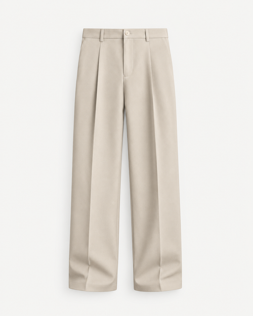 Front studio view of beige men's pleated wide-leg trousers