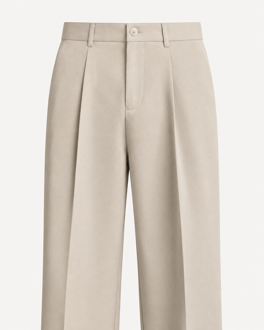 Beige men's trouser waistband and front pleat detail