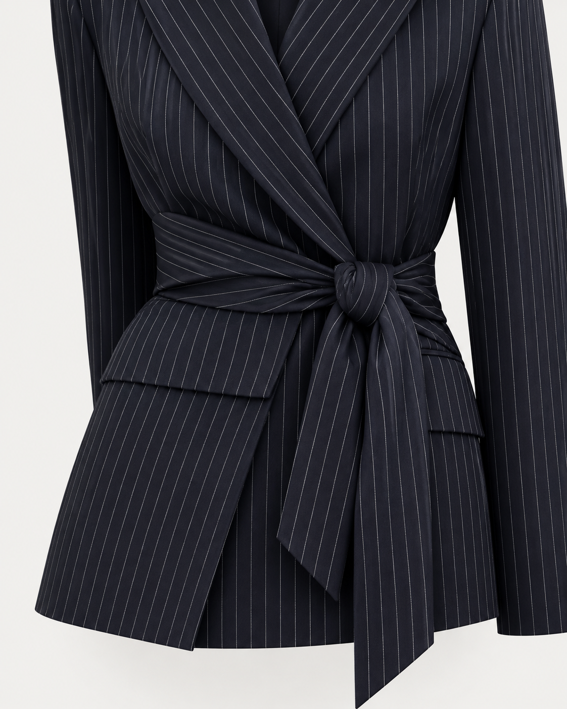 Navy pinstripe blazer sash, lapel and pocket detail