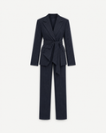 Front studio view of navy pinstripe belted blazer and trouser suit