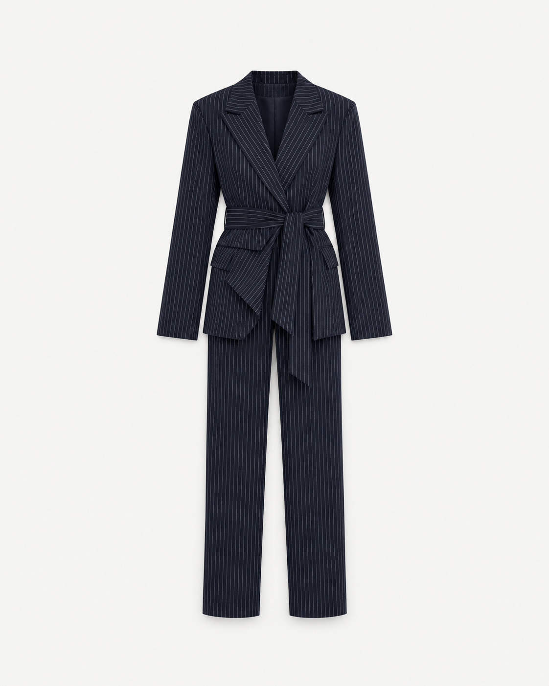 Front studio view of navy pinstripe belted blazer and trouser suit
