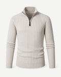 Front studio view of off-white ribbed quarter-zip sweater