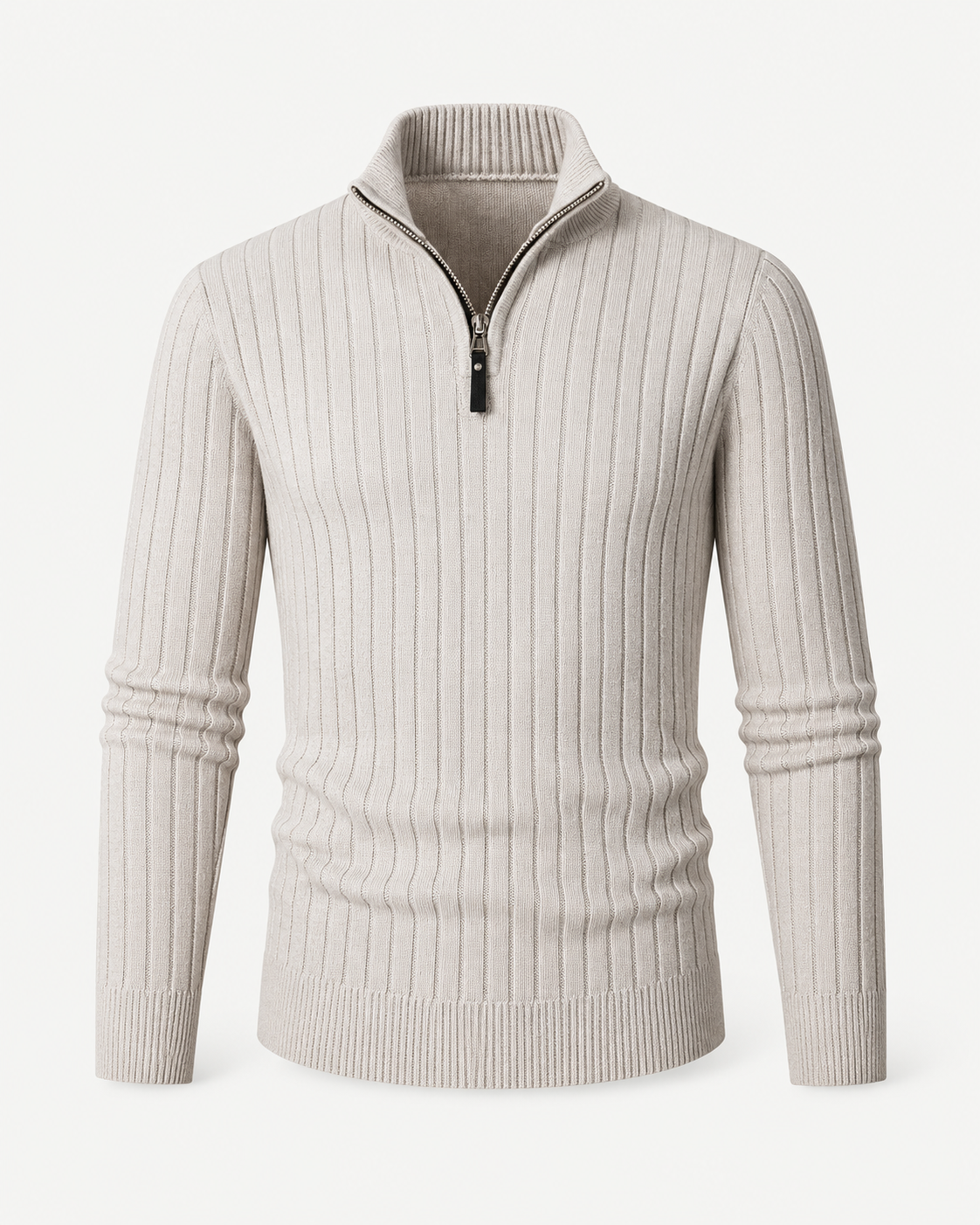 Front studio view of off-white ribbed quarter-zip sweater