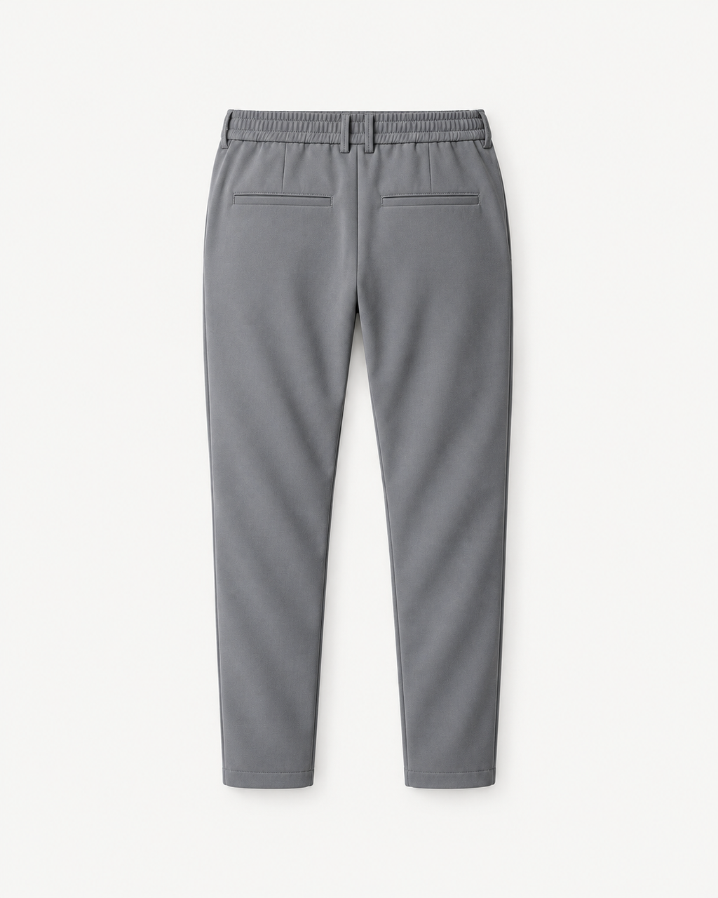 Grey slim-fit dress pants, rear view with elastic waistband and welt pockets