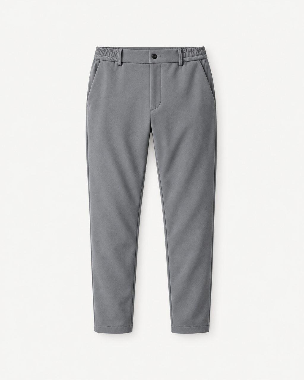 Grey slim-fit elastic-waist dress pants, product-only front view