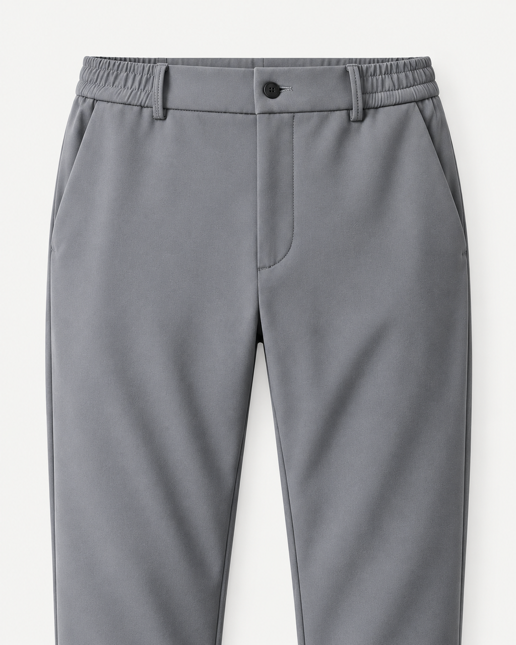 Grey dress pants, elastic waistband, button, fly and pocket detail
