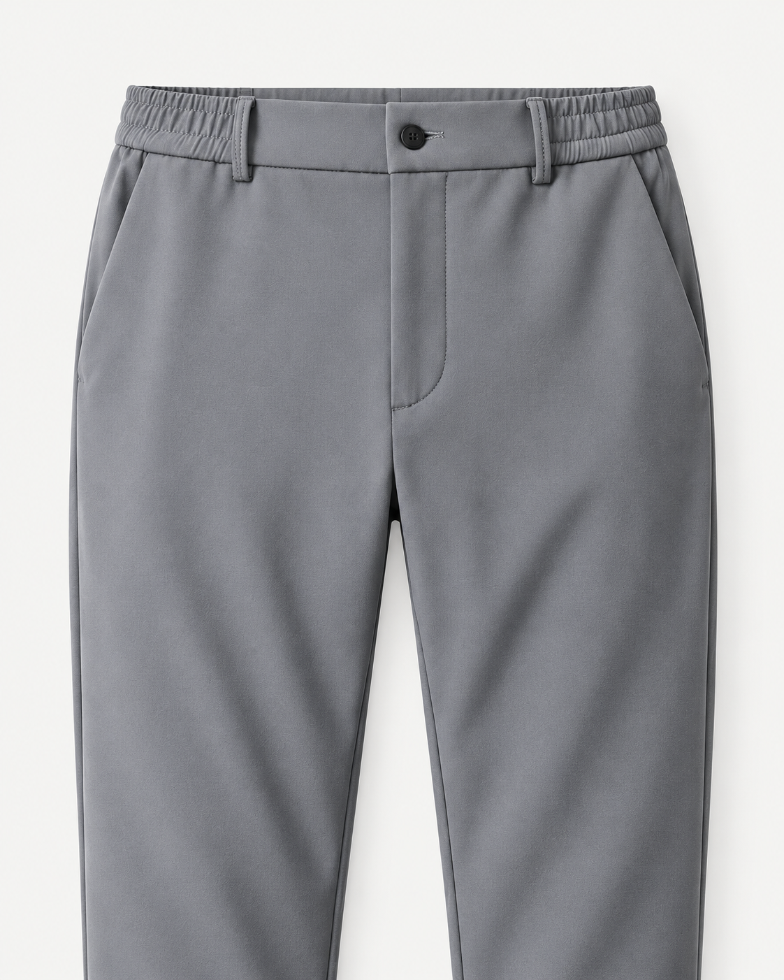 Grey dress pants, elastic waistband, button, fly and pocket detail