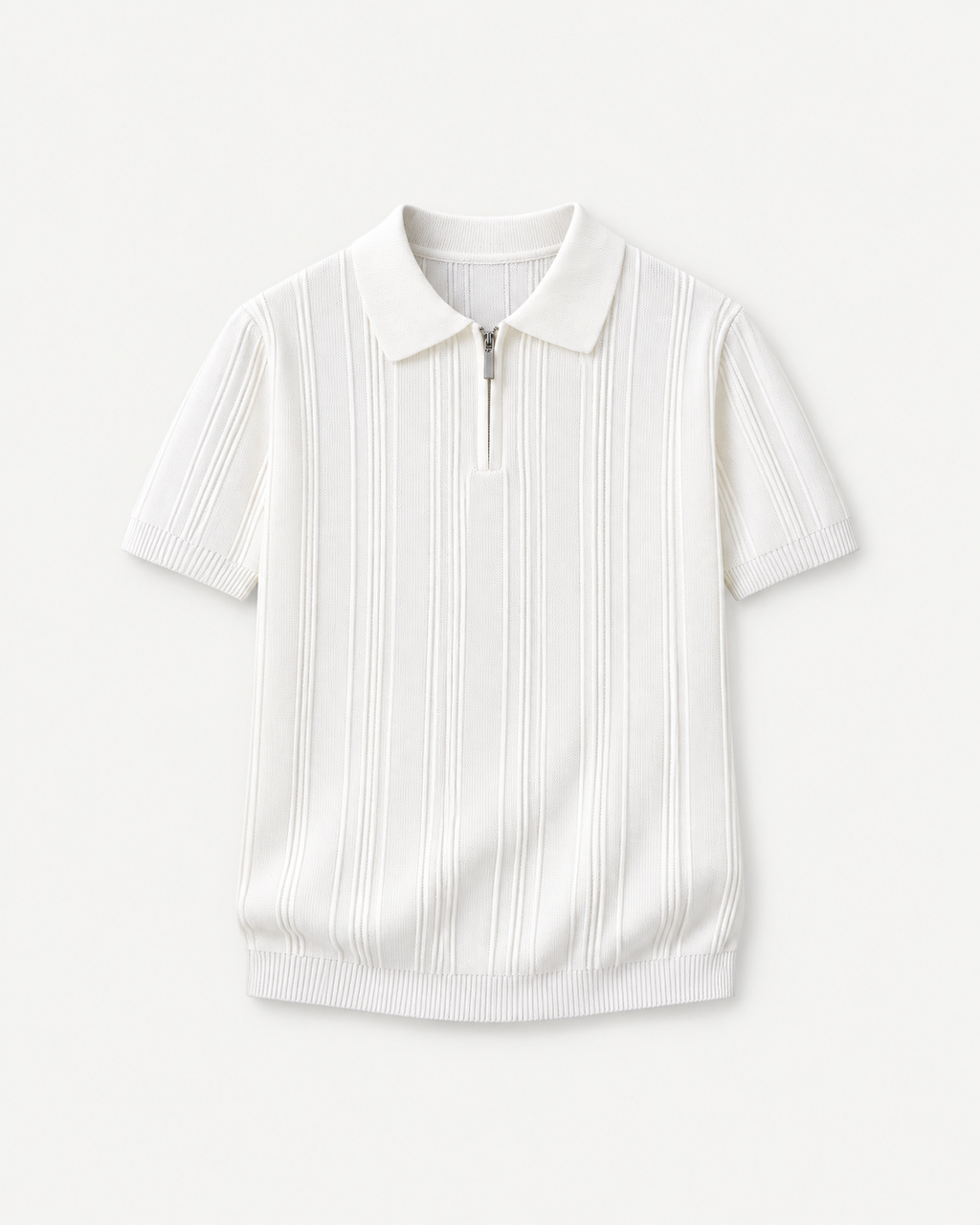 Front studio view of white textured zip polo