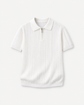 Front studio view of white textured zip polo