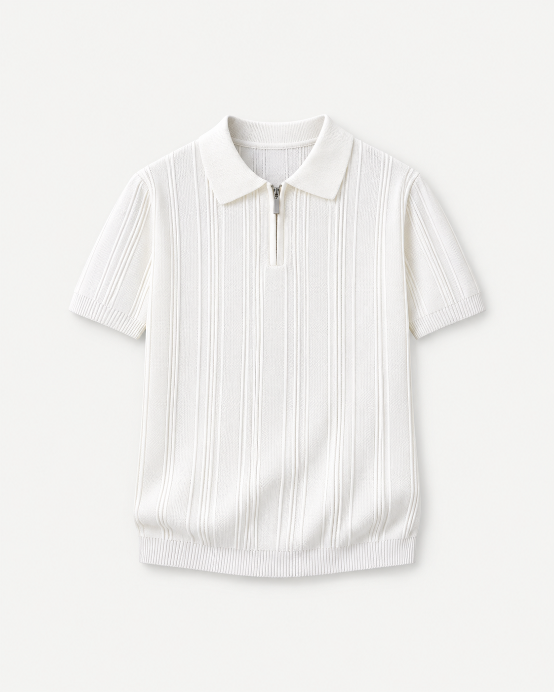 Front studio view of white textured zip polo