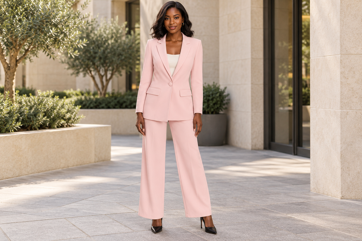 Model wearing Zoeder's blush-pink blazer and matching straight-leg trousers.