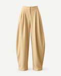 Front studio view of sand women's pleated wide-leg trousers