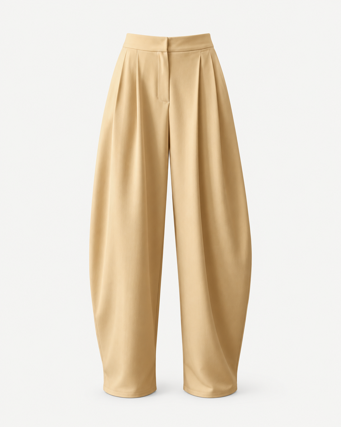 Front studio view of sand women's pleated wide-leg trousers