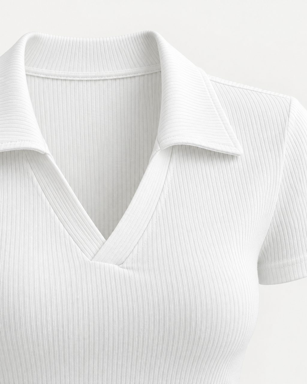White women's ribbed polo V-neck collar and knit detail