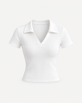 Front studio view of white women's ribbed V-neck polo